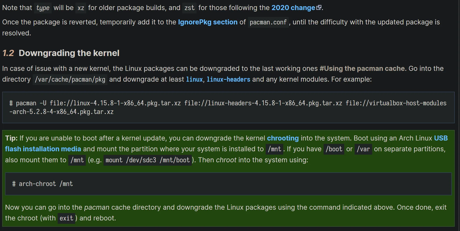 Pacman downgrading kernel packages to 5.19.11